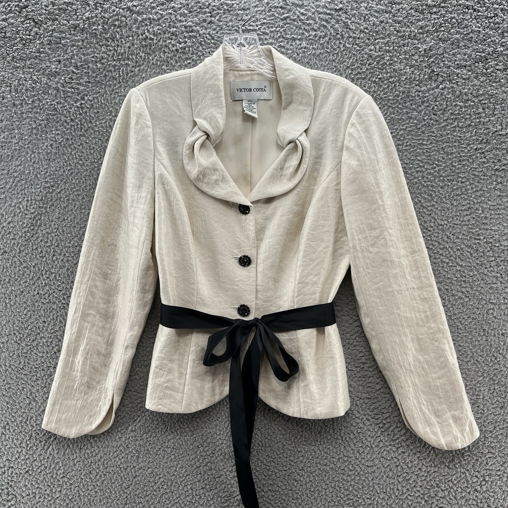 VTG 90s Victor Costa Blazer Womens 4 Cream Shimmer Evening Cocktail Jacket